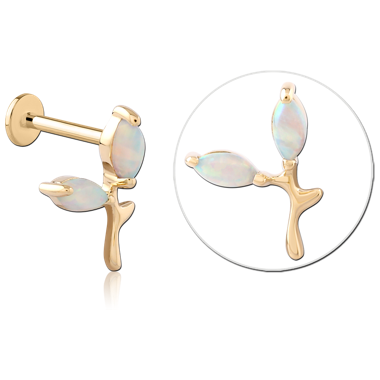 14K YELLOW GOLD OPAL LEAF BRANCH TOP WITH GOLD PVD COATED TITANIUM INTERNAL LABRET