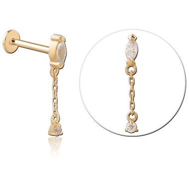 14K YELLOW GOLD TOP WITH GOLD PVD COATED TITANIUM LABRET GEM WITH CHAIN DANGLE