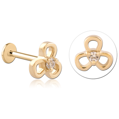 14K YELLOW GOLD TOP WITH GOLD PVD COATED TITANIUM INTERNAL LABRET OPEN CLOVER GEM