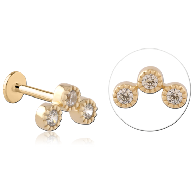 14K YELLOW GOLD TOP WITH GOLD PVD COATED TITANIUM INTERNAL LABRET TRIPLE ROUND GEMS