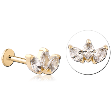 14K YELLOW GOLD ATTACHMENT WITH GOLD PVD COATED TITANIUM INTERNAL LABRET TRIPLE MARQUISE FAN