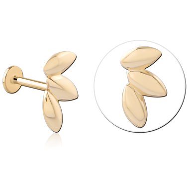 14K YELLOW GOLD ATTACHMENT WITH GOLD PVD COATED TITANIUM INTERNAL LABRET TRIPLE MARQUISE LEAF