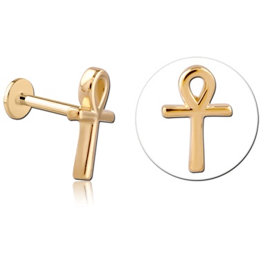 14K YELLOW GOLD TOP WITH GOLD PVD TITANIUM INTERNAL LABRET ANKH CROSS