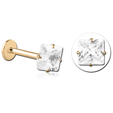 14K YELLOW GOLD TOP WITH GOLD PVD 18K COATED TITANIUM INTERNAL LABRET SQUARE GEM