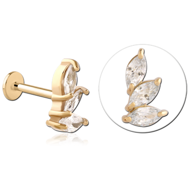 14K YELLOW GOLD TOP WITH GOLD PVD TITANIUM INTERNAL LABRET LEFT TRIPLE MARQUISE GEM