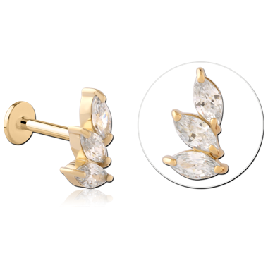 14K YELLOW GOLD TOP WITH GOLD PVD TITANIUM INTERNAL LABRET RIGHT TRIPLE MARQUISE GEM
