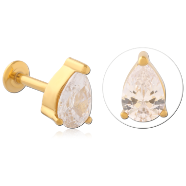 GOLD PVD COATED SURGICAL STEEL INTERNAL LABRET PEAR GEM PRONG SET