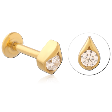 GOLD PVD COATED SURGICAL STEEL INTERNAL LABRET TEARDROP BEZEL CLEAR GEM