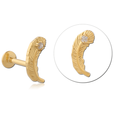 316L GOLD PVD COATED SURGICAL STEEL INTERNAL LABRET FEATHER SINGLE GEM