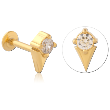 GOLD PVD COATED SURGICAL STEEL INTERNAL LABRET ROUND GEM WITH TRIANGLE PLATE