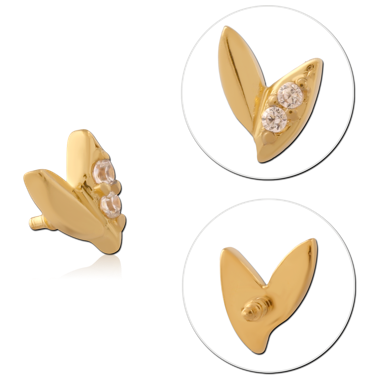 GOLD PVD COATED 316L SURGICAL STEEL INTERNALLY THREADED TOP DOUBLE LEAF WITH TRIPLE GEMS
