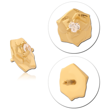 GOLD PVD COATED 316L SURGICAL STEEL INTERNALLY THREADED TOP ROSE FLOWER CLEAR CENTER GEM