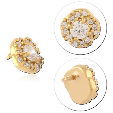 GOLD PVD COATED SURGICAL STEEL INTERNAL THREADED TOP HALO ROUND CLEAR GEM CLUSTER