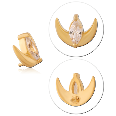 GOLD PVD COATED 316L SURGICAL STEEL INTERNAL THREADED ATTACHMENT CRESCENT FRAME WITH MARQUISE CENTER GEM