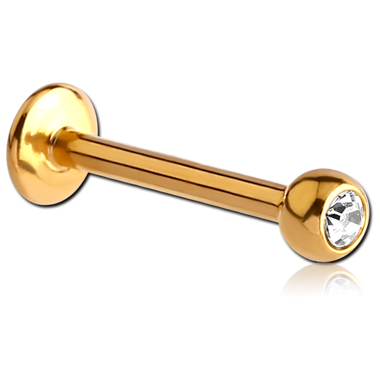 GOLD PVD COATED TITANIUM INTERNAL LABRET JEWELED BALL CLEAR GEM FLAT BACK