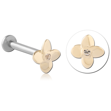 14K GOLD INTERNAL THREADED ATTACHMENT FOUR PETAL FLOWER GEM 1.2MM MICRO LABRET PIN