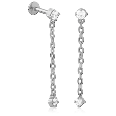 SURGICAL STEEL INTERNAL LABRET FLAT BACK DOUBLE CLEAR GEM CHAIN DANGLE