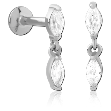 SURGICAL STEEL INTERNAL LABRET FLAT BACK DOUBLE MARQUISE CLEAR GEM DANGLE
