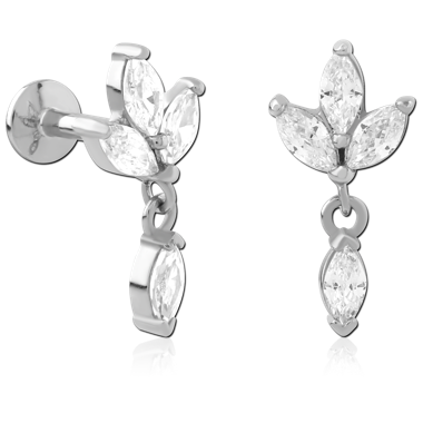 SURGICAL STEEL INTERNAL LABRET FLAT BACK MARQUISE CLUSTER CLEAR GEM DANGLE