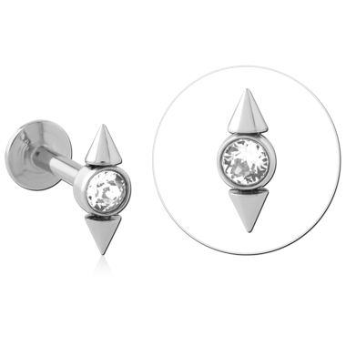 SURGICAL STEEL LABRET BEZEL CLEAR GEM WITH DOUBLE SPIKE ACCENTS
