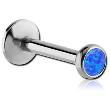 SURGICAL STEEL INTERNALLY THREADED LABRET WITH SYNTHETIC OPAL JEWELED DISC
