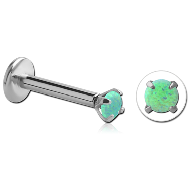 SURGICAL STEEL INTERNALLY THREADED MICRO LABRET WITH PRONG SET ROUND SYNTHETIC OPAL JEWELED ATTACHMENT