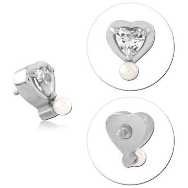 SURGICAL STEEL INTERNAL THREADED ATTACHMENT HEART GEM WITH PEARL DANGLE
