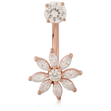 316L ROSE GOLD PVD COATED SURGICAL STEEL INTERNAL NAVEL BANANA MARQUISE STARBURST FLOWER WITH DROP DANGLE