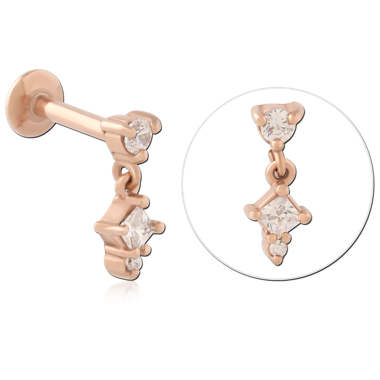 ROSE GOLD PVD COATED SURGICAL STEEL INTERNAL LABRET THREE GEM DANGLE