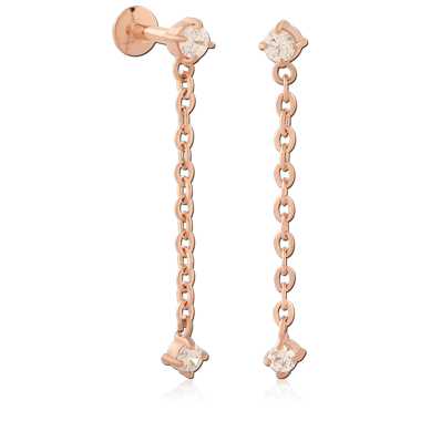 ROSE GOLD PVD COATED SURGICAL STEEL INTERNAL LABRET ROUND GEM WITH CHAIN CHARM