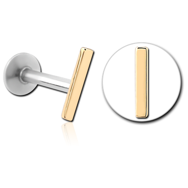 STERILE 14K YELLOW GOLD INTERNAL LABRET VERTICAL BAR TOP ON STEEL BAR FLAT BACK