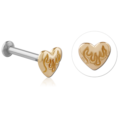 STERILE 14K YELLOW GOLD FLAMING HEART TOP WITH SURGICAL STEEL INTERNAL LABRET