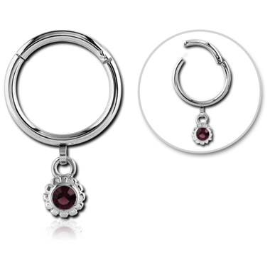 SURGICAL STEEL ROUND HINGED SEGMENT RING WITH HOOP AND JEWELED DANGLING CHARM - BALL