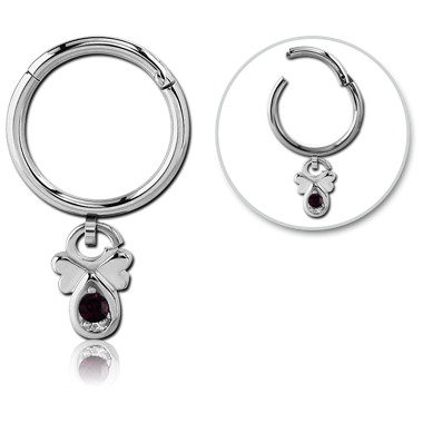 SURGICAL STEEL ROUND HINGED SEGMENT RING WITH HOOP AND JEWELED DANGLING CHARM - FLOWER