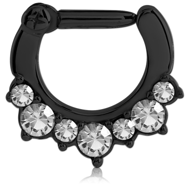 BLACK PVD COATED SURGICAL STEEL ROUND JEWELED HINGED SEPTUM CLICKER