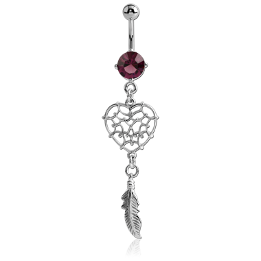 RHODIUM PLATED BRASS JEWELED BUTTERFLY NAVEL BANANA WITH DANGLING CHARM - DREAMCATCHER HERAT AND FEATHER