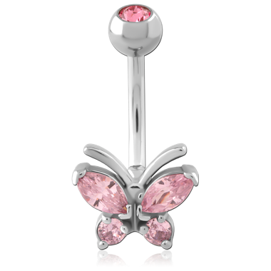 SURGICAL STEEL NAVEL BANANA BARBELL BUTTERFLY GEM WITH MARQUISE ACCENTS