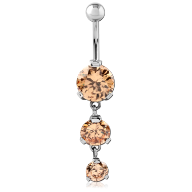 SURGICAL STEEL TRIPLE ROUND CZ JEWELED DANGLE NAVEL BANANA