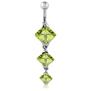 SURGICAL STEEL TRIPLE SQUARE CZ JEWELED DANGLE NAVEL BANANA