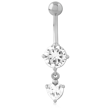 316L SURGICAL STEEL NAVEL BANANA PRONG SET ROUND AND HEART DANGLE GEM