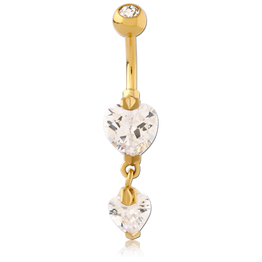 316L GOLD PVD 18K COATED SURGICAL STEEL DOUBLE HEART CZ DOUBLE JEWELED DANGLE NAVEL BANANA