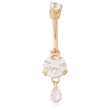GOLD PVD 18K COATED SURGICAL STEEL NAVEL BANANA ROUND AND TEARDROP GEM DANGLE