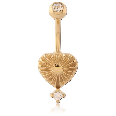 GOLD PVD 18K COATED SURGICAL STEEL NAVEL BANANA SUNBURST HEART WITH DOUBLE GEM DANGLE
