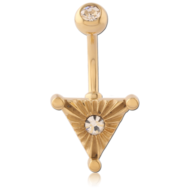 GOLD PVD 18K COATED SURGICAL STEEL NAVEL BANANA SUNBURST TRIANGLE WITH CENTER GEM
