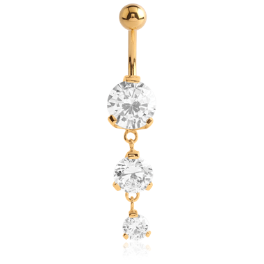 316L GOLD PVD 18K COATED SURGICAL STEEL TRIPLE ROUND CZ JEWELED WITH DANGLING NAVEL BANANA