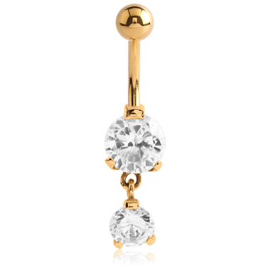 316L GOLD PVD 18K COATED SURGICAL STEEL DOUBLE ROUND CZ JEWELED WITH DANGLING NAVEL BANANA