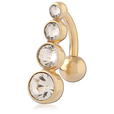 GOLD PVD 18K COATED SURGICAL STEEL NAVEL BANANA GRADUATED FOUR BEZEL SET GEMS