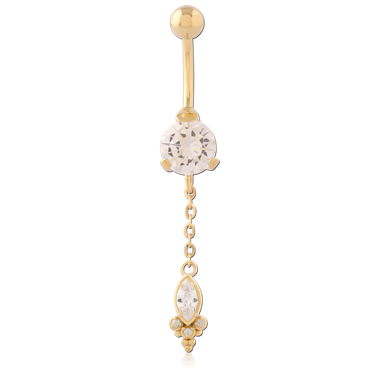 GOLD PVD 18K COATED SURGICAL STEEL NAVEL BANANA ROUND GEM WITH MARQUISE CHAIN DANGLE