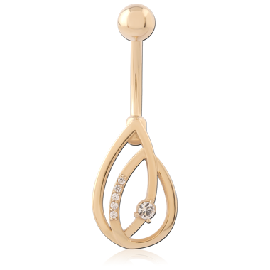 316L GOLD PVD 18K COATED SURGICAL STEEL NAVEL BANANA OPEN TEARDROP DOUBLE LOOP GEM