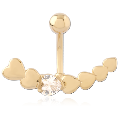 GOLD PVD 18K COATED SURGICAL STEEL NAVEL BANANA HEARTS WITH CENTER GEM